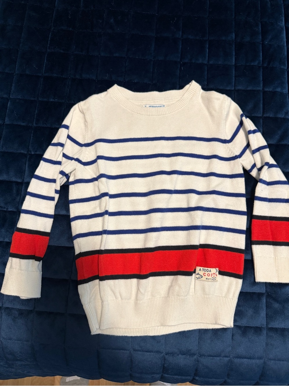 Mayoral Cream Sweater with Blue Stripes and Red Bands